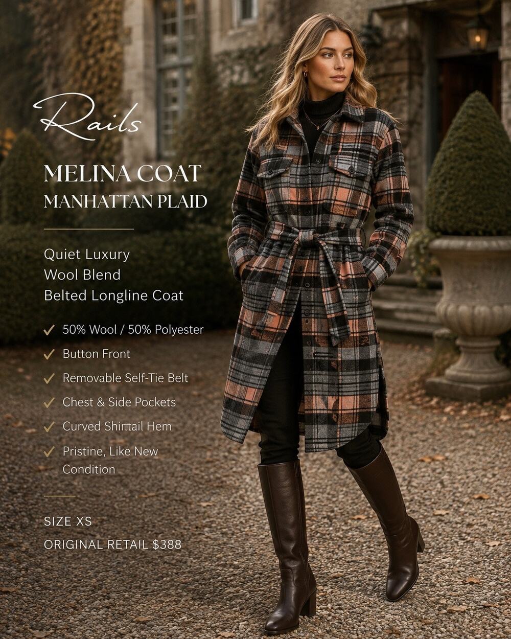 Quiet Luxury Heritage Rails Melina Manhattan Plaid Wool Belted Longline Coat XS